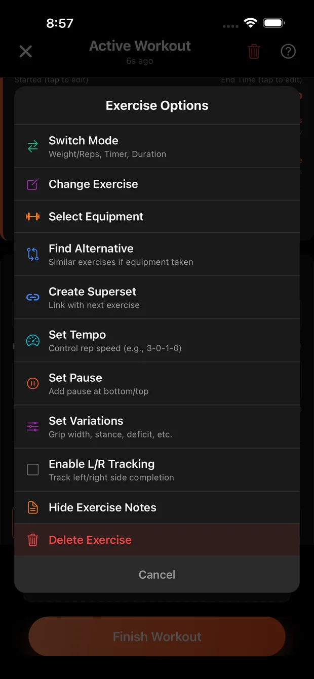 Exercise options menu with supersets, tempo, pause and grip variations