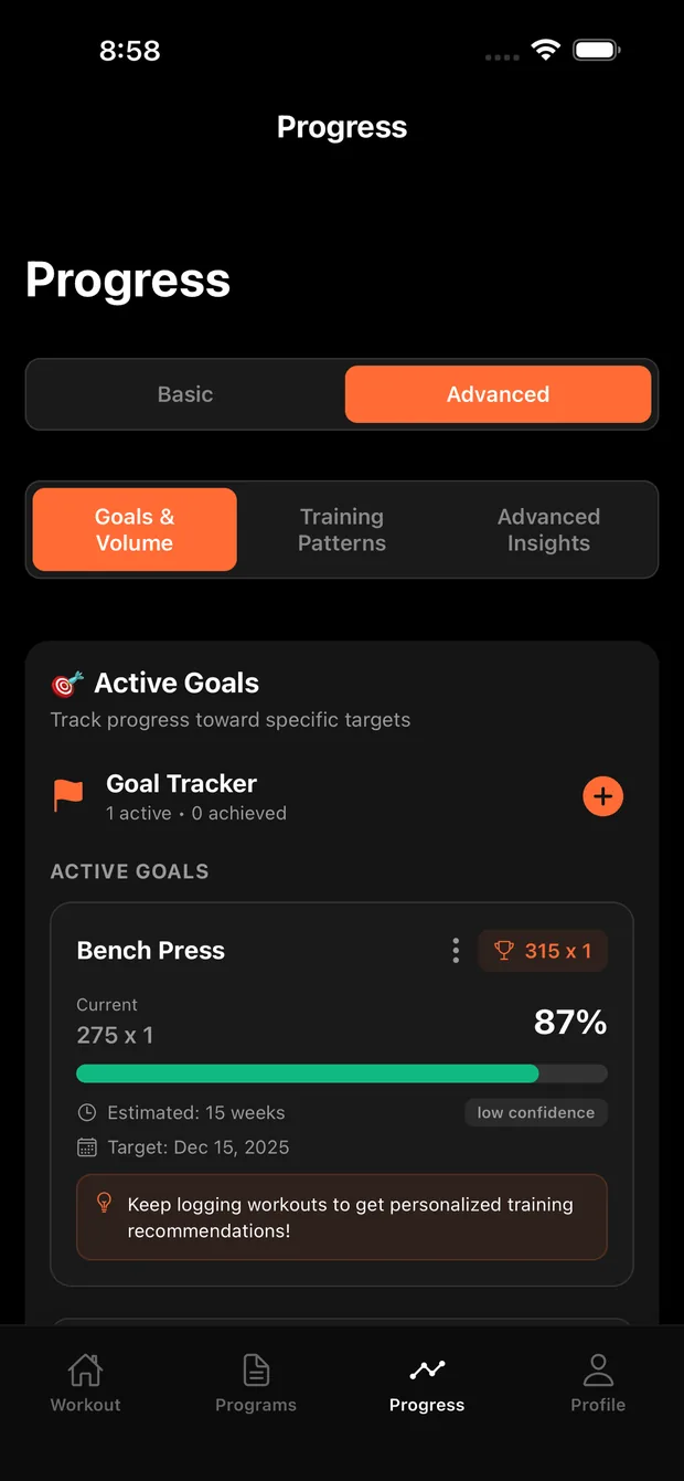 Advanced analytics showing goal tracking and strength projections
