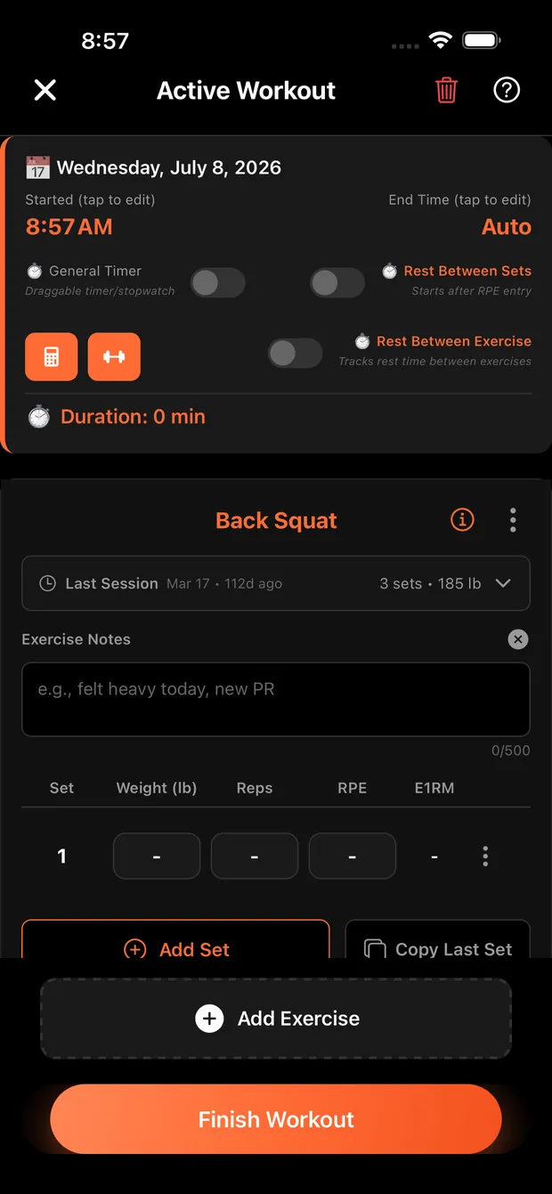 CataLift active workout screen showing set-by-set logging for a back squat
